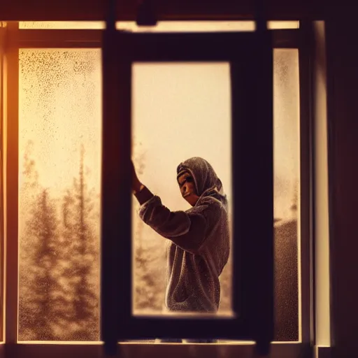 Prompt: a young man in a hoodie looking through the window, dramatic lighting, cinematic scene, matte painting