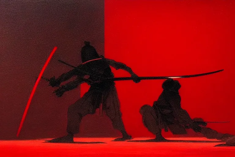 Image similar to only with red, a red samurai harakiri, tokio, a lot of frogs watch, in the style of beksinski, parts by edward hopper, parts by rodcenko, parts by yue minjun, intricate and epic composition, red by caravaggio, insanely quality, highly detailed, masterpiece, red light, artstation, 4 k