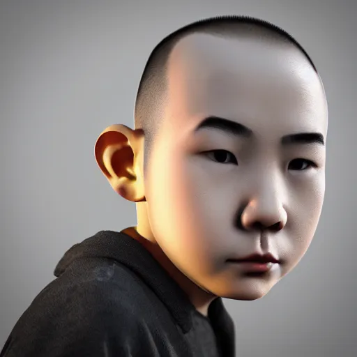 Image similar to dramatic portrait of chinese boy buzz cut, low poly 3 d render