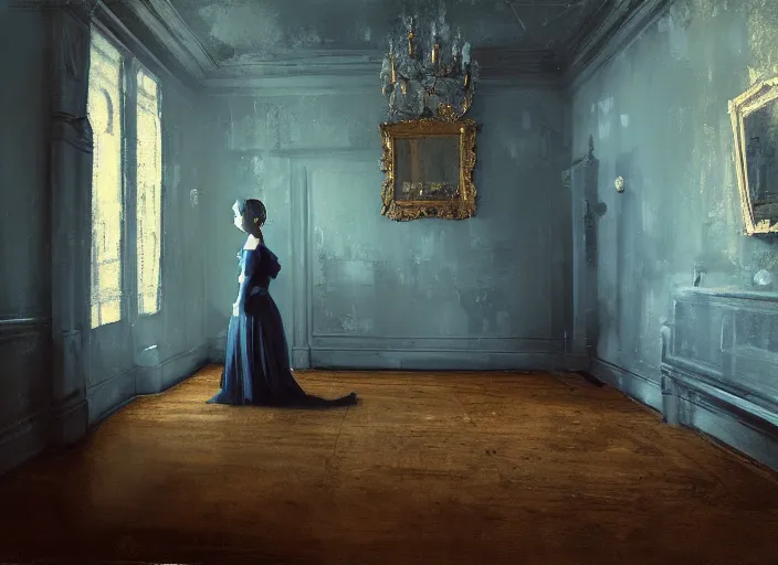 Image similar to portrait of woman in dress, detailed, by jeremy mann, gothic mansion room, blue tones, by alexander fedosav, wooden floor, digital artwork, paint, elegant