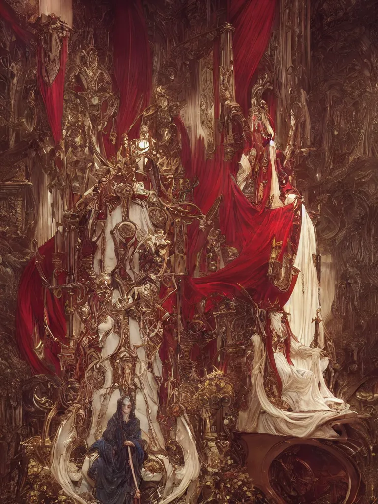 Image similar to a huge ivory throne with illithids kneeling in front of it, red tones, highly coherent, ultra realistic, concept art, eerie, highly detailed, photorealistic, octane render, 8 k, unreal engine. art by artgerm and greg rutkowski and alphonse mucha