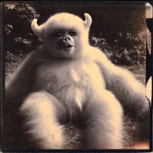 Image similar to a old polaroid of a chubby baby yeti