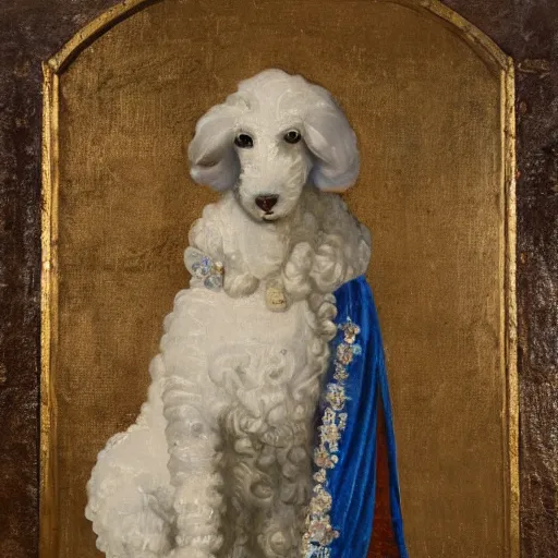 Prompt: portrait of a white poodle as an italian duchess, italo - byzantine era painting 9 0 0 ce