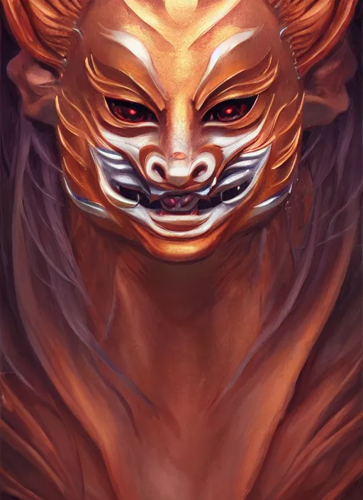 Image similar to a beautiful detailed oil on copper art illustration of a japanese oni kitsune mask devil woman, the mask is broken, centered, by charlie bowater, zeng fanzh, trending on artstation, dim dusk lighting, cinematic lighting, detailed lighting, volumetric lighting, realistic, f 8, 4 k hd wallpaper