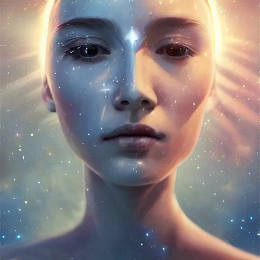 Prompt: sci - fi, close - up, 3 d, stars, fashion model face closed eyes, cinematic, clouds, sun rays, vogue cover style, poster art, blue mood, realistic painting, intricate oil painting, high detail illustration, figurative art, multiple exposure, water, 3 d, by tooth wu and wlop and beeple and greg rutkowski