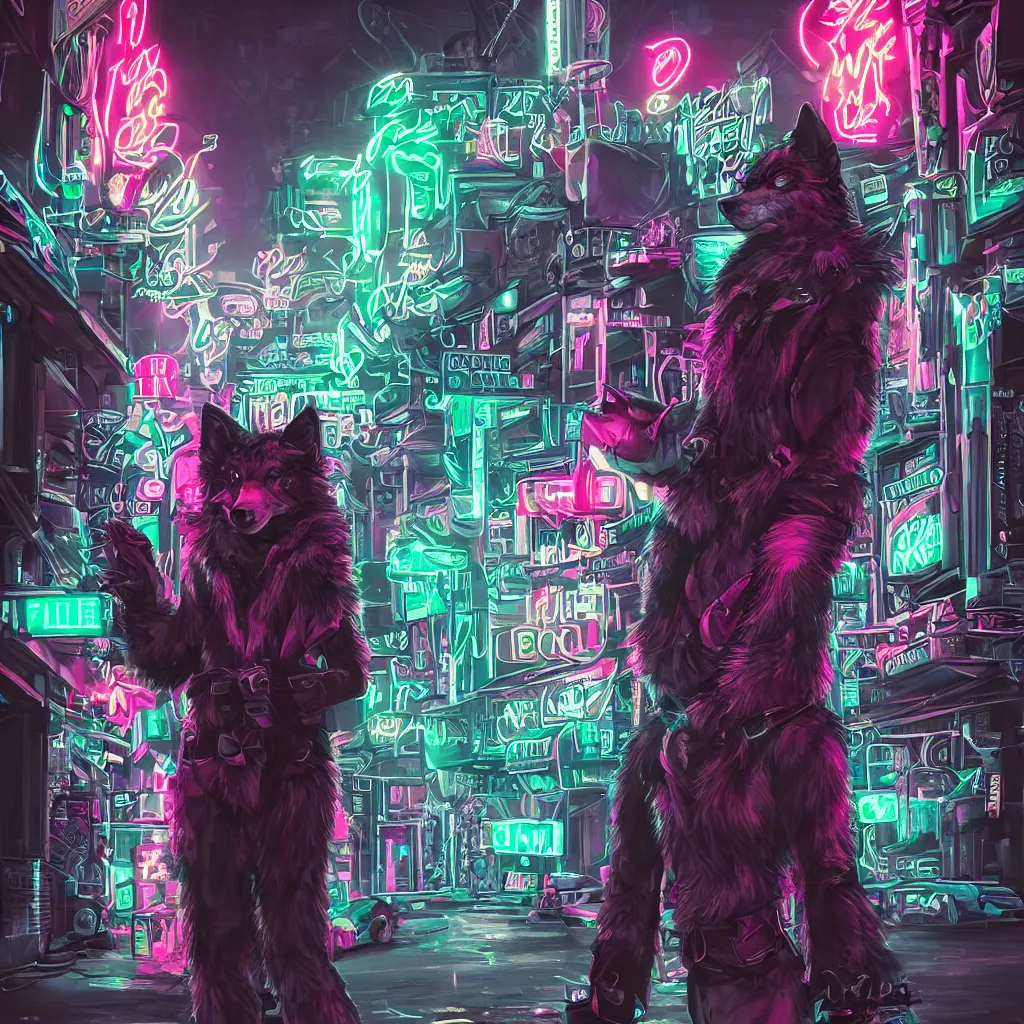 Image similar to beautiful furry art portrait commission of a androgynous furry anthro wolf fursona both wearing punk clothes in the streets of a cyberpunk city. neon signs.