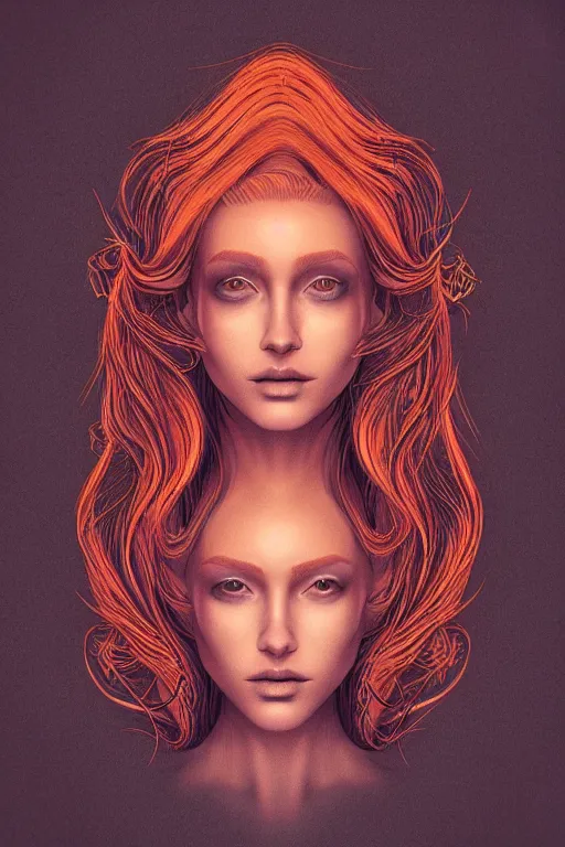 Prompt: a symmetrical portrait of a beautiful orange - haired woman face, concept art, intricate, aesthetic!!!!!, holographic design, god rays, symbolist, dramatic, ultra detailed