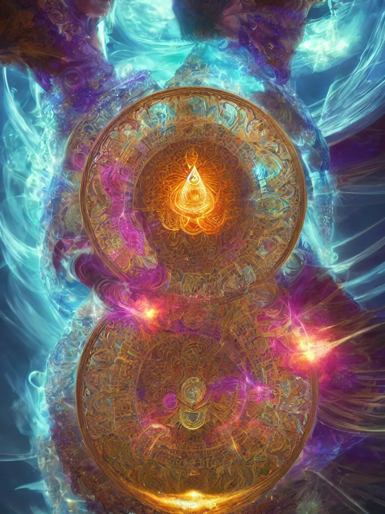 Image similar to a detailed depiction of the chakra energy fields spiraling fractal sacred geometry surrounding a beautiful goddesses, by justin gerard and craig mullins, 3 d, cinema 4 d render, trending on artstation, 8 k