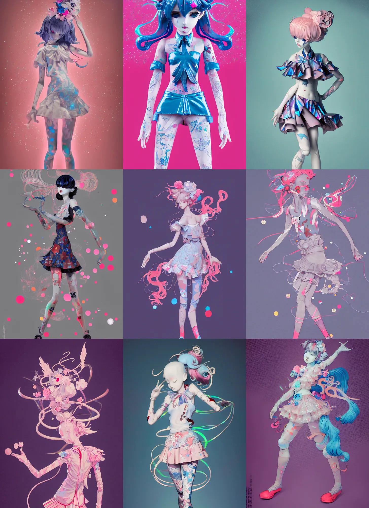 Image similar to james jean isolated vinyl figure harajuku magical girl character design, figure photography, dynamic pose, holographic undertones, motion shapes color design, glitter accents on figure, anime stylized, sharp focus, accurate fictional proportions, high delicate defined details, ethereal lighting