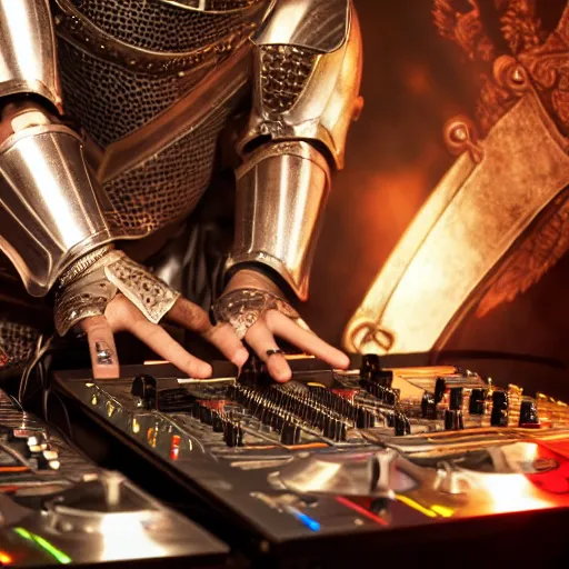 Prompt: photograph of a dubstep dj in holy templar knight armor djing during a medieval party, 8 k resolution, high detail