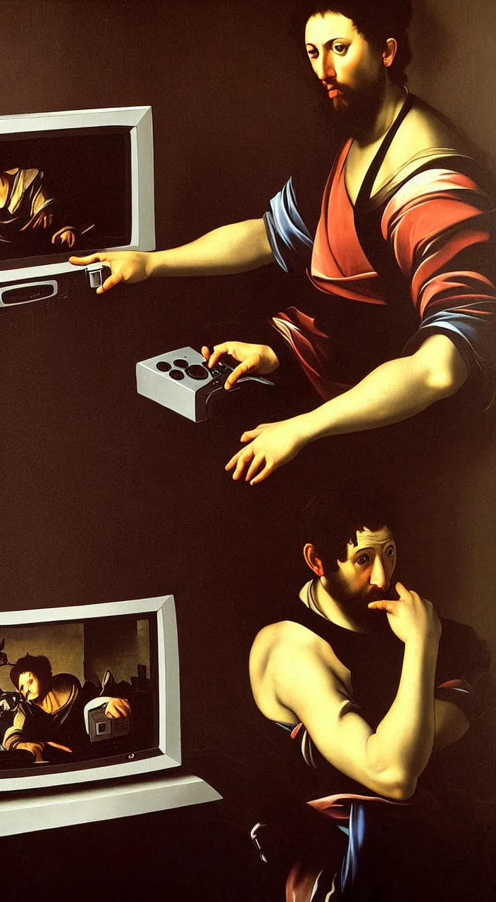 Image similar to Portrait of a man playing a video game on a CRT television. Painting by Caravaggio. Intricate details. hyper realism. Masterpiece.