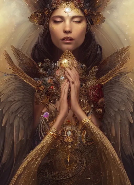 Image similar to A beautiful digital painting of a female Seraphim full of jewels, princess, the moon behind her, intricate, cinematic lighting, highly detailed, digital painting, Artstation, concept art, smooth, sharp focus, illustration, art by Tom Bagshaw, Artgerm and Greg Rutkowski