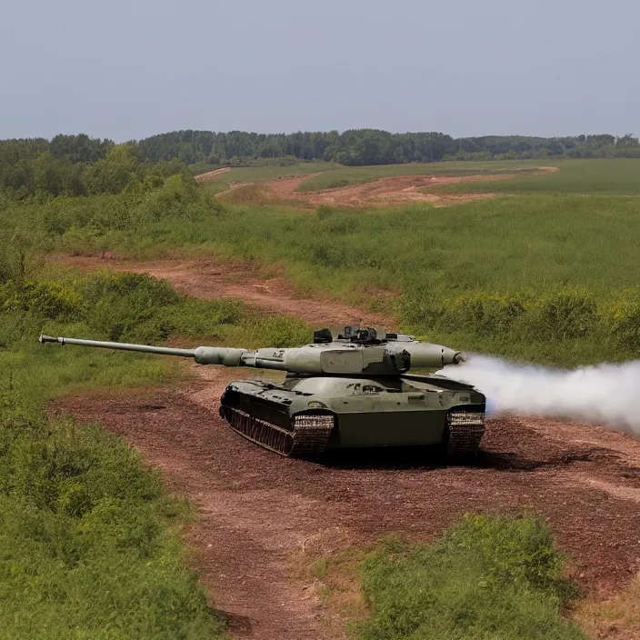 Prompt: t - 9 0 m going through the countryside while aiming at the side of the body photo realistic