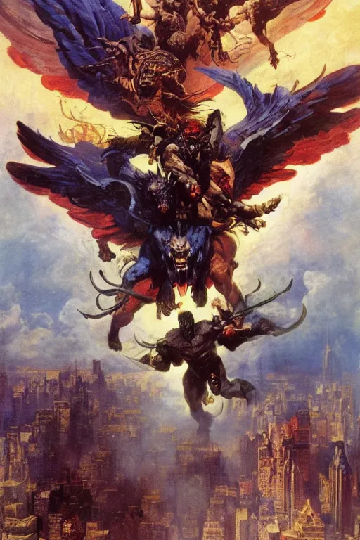 Prompt: Movie poster of Seraphim and Ophanim attacking new york, by frank frazetta, ilya repin, 8k, hd, high resolution print