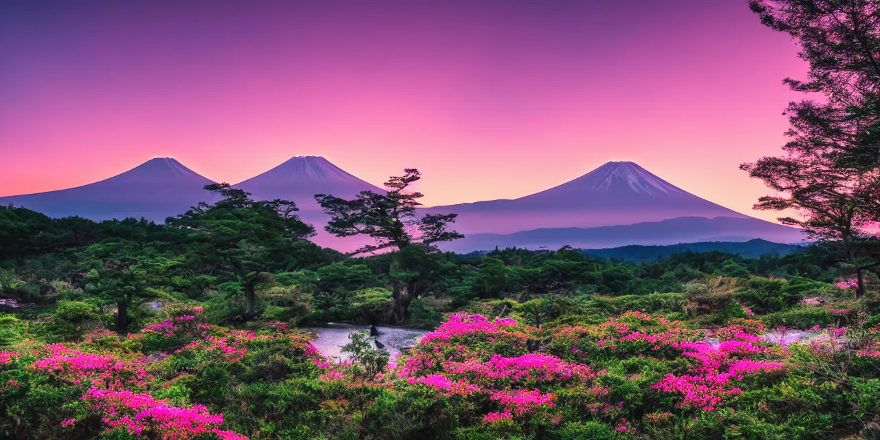Image similar to a pink sunset with mt fuji, eucalyptus trees, stars in the sky, waterfall, pond, hilly meadows with flowers, cinematic lighting, hd 4 k photo