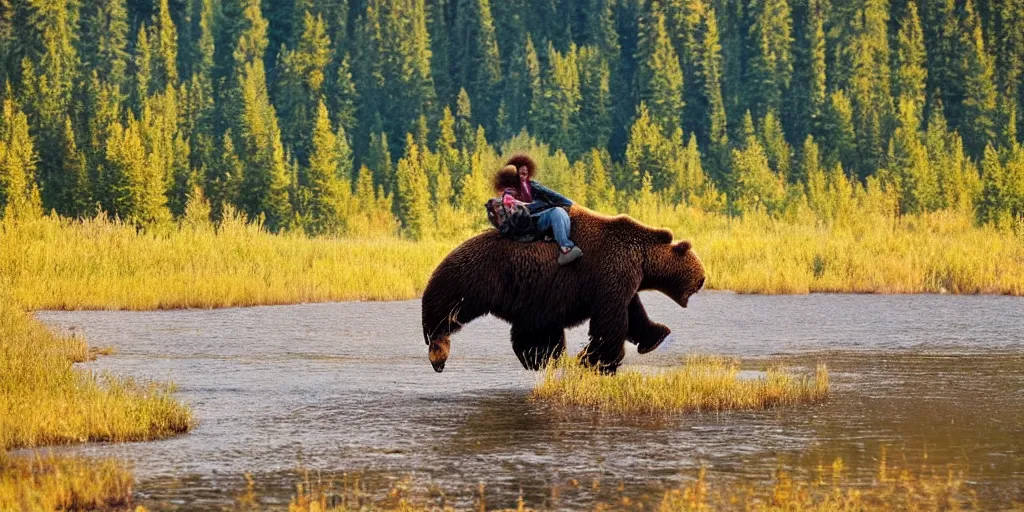 Prompt: bob ross riding on the back of a brown bear in alaska, outdoor, hyperrealistic, shutterstock contest winner, national geographic photo, stockphoto, majestic