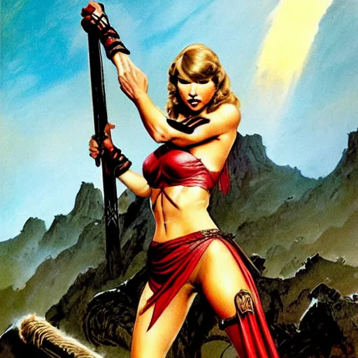 Prompt: taylor swift as a warrior maiden by frank frazetta and wlop and glen rutkowski