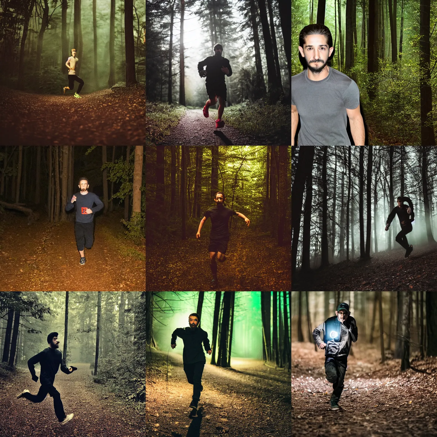 Prompt: shia laboeuf in dark woods at night running towards camera, close - up face, flash photography, phone