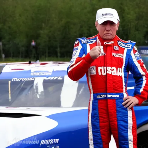 Image similar to russian Donald Trump as a Russia Nascar driver