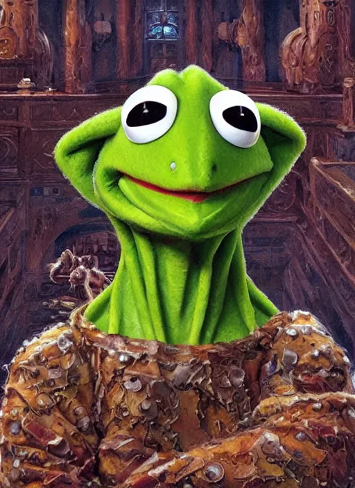 Image similar to portrait of kermit the frog in existenz ( 1 9 9 9 ), highly detailed, centered, solid color background, digital painting, artstation, concept art, smooth, sharp focus, illustration, artgerm, donato giancola, joseph christian leyendecker, les edwards, ed repka, wlop, artgerm