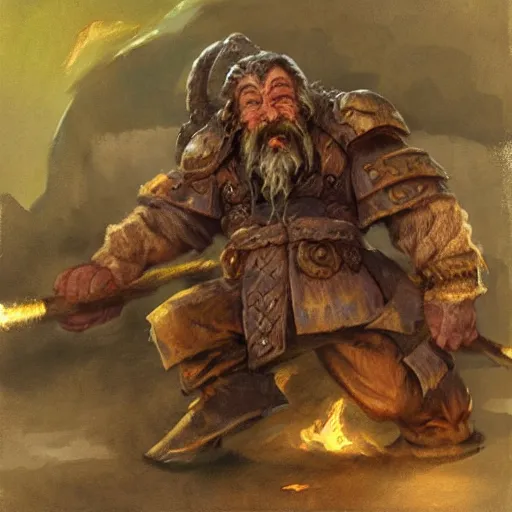 Image similar to “dnd dwarf, dragging big sack, by paul bonner”