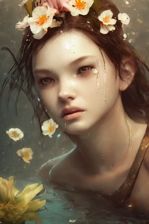 Prompt: face closeup a young beautiful girl drowned in water, underwater photography, swimming, 3 d render, hyper realistic detailed portrait, holding magic flowers, ruan jia, wlop. scifi, fantasy, hyper detailed, octane render, concept art, by peter mohrbacher, by wlop, by ruan jia