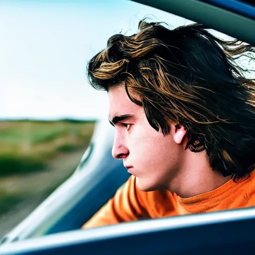 Prompt: a cinematic shot of a 1 8 year old boy from behind his back looking out of his car window from the passanger seaf and his long hair flowing due to the wind, sky is orangish outside, the shot carries least segments from inside the car, epic cinematic hyperrealism masterpiece. realistic poster with shaded lighting