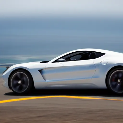 Image similar to a dslr photograph of a white ferrari concept racing along the pacific coast highway, ocean in the background, 8 k,