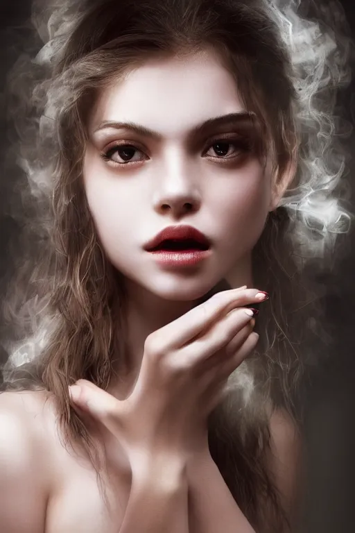 Prompt: photography inside a soul of a gorgeous young girl , searching for eternity, smoke out of her eyes, dark glowing forest in the style of stefan kostic, realistic, sharp focus, 8k high definition, high fashion, vogue, insanely detailed, soft light, colorful smoke, intricate, elegant, art by stanley lau and artgerm, sigma 85mm art