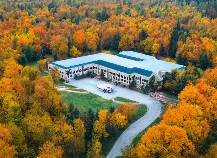 Image similar to low drone shot of a beautiful ranch style School campus in the middle of the Woods during autumn