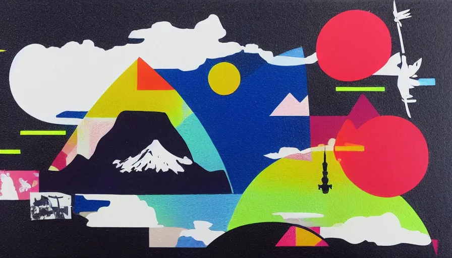 Image similar to Japan travel and adventure isolated on a minimalist negative space predominant white acrylic base coat, surreal minimalist perfect geometry coherent motif mixed media collage acrylic airbrush painting by Jules Julien, Leslie David and Lisa Frank, muted colors with minimalism, neon color mixed collage cutout details