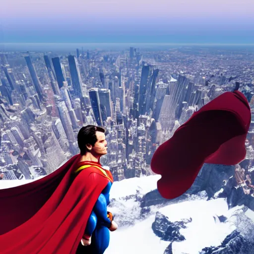 Prompt: Incredible cinematic realistic image of Henry Cavill dressing up the cape as Superman at top of empire state, trending on artstation, matte painting, hyper realistic, unreal engine render