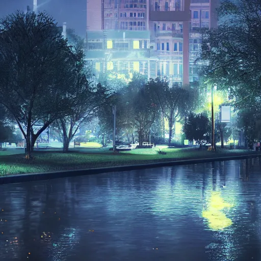 Prompt: night city park drowned in water with lots of lights at night, trending on artstation