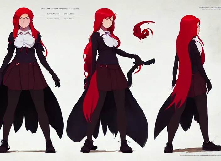 Image similar to character sheet of attractive female student witch by greg rutkowski, magic school uniform, glowing red hair color, by studio ghibli and ross tran, digital art, trending on artstation, highly detailed, concept art, beautiful, masterpiece