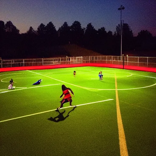 Image similar to “ a photo of two teams playing ultimate frisbee on a soccer field at night with stadium lights ”