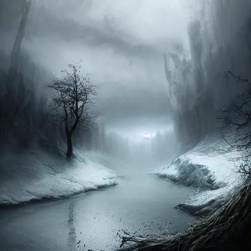 Prompt: michal karcz painting of beautiful landscape. , horror theme, detailed, elegant, intricate, 4k,