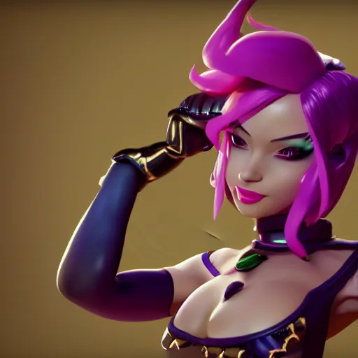 Image similar to still of pretty Jinx (Arcane) in KDA More music video. 3d render, octane render, game art, realistic, highly detailed, trending on artstation, 4k, trending on artstation, pixar, cgsociety, unreal engine 5, redshift render, trending on artstation, blender, behance, cg