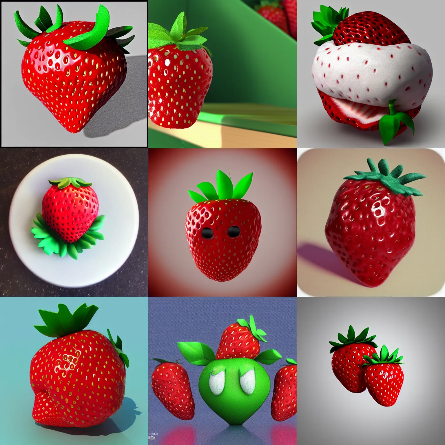 Prompt: poorly rendered 3 d strawberry with adorable face