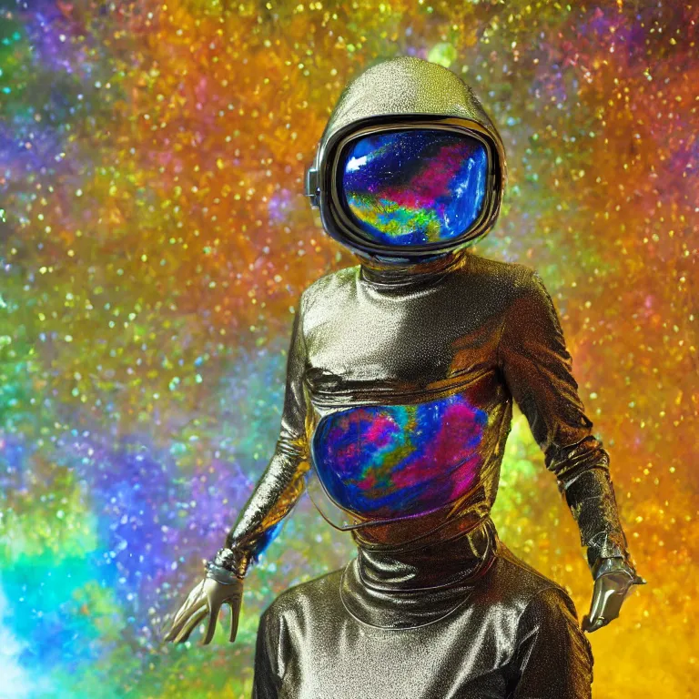 Image similar to octane render portrait by wayne barlow and carlo crivelli and glenn fabry, subject is a woman covered in tie - dye aluminum foil space suit with a colorful metallic space helmet, surrounded by alien plants, cinema 4 d, ray traced lighting, very short depth of field, bokeh