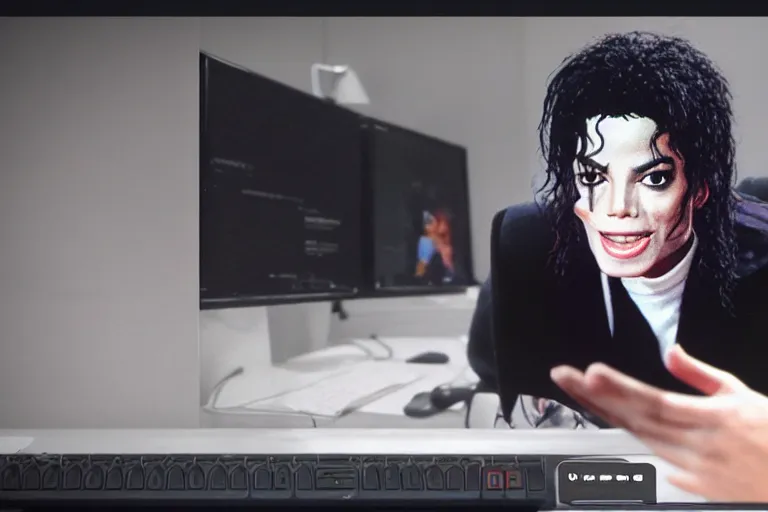 Prompt: Michael Jackson using discord on a computer ultra realistic, 4K, movie still, UHD, sharp, cinematic