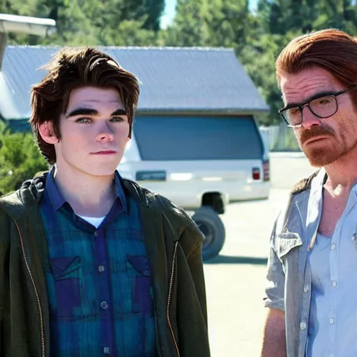Prompt: kj apa with walter white, still from breaking bad