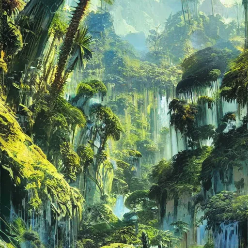 Prompt: detailed illustration of a lush natural scene on an alien planet by john berkey. beautiful landscape. weird vegetation. cliffs and water.