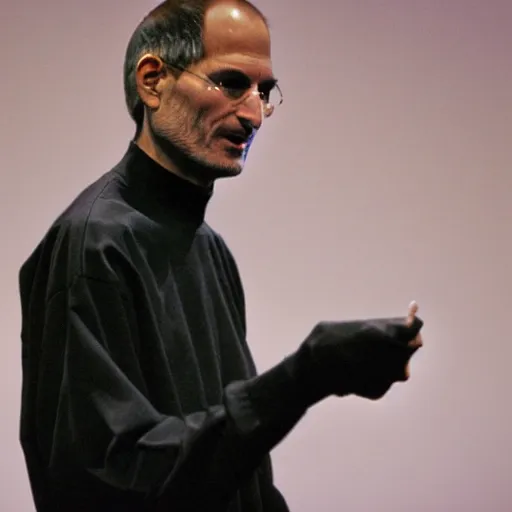 Prompt: a rear photo of steve jobs, preaching on a large stage during the last mass in the cult of steve jobs, hyper realistic, ultra detailed, 2 4 mm lens