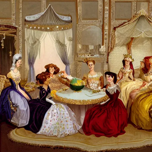 Image similar to a social gathering with major noblewomen wearing extravagant dresses, reclining on feather pillows, sipping tea and gossiping while eating lemon cakes.