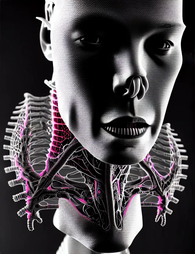 Prompt: complex 3 d elon musk realistic portlet photo, synthwave colors, black and white, fractal veins. cyborg, 1 5 0 mm, beautiful natural soft light, rim light, fractal details, fine lace, mandelbot fractal, anatomical fractal, glass facial muscles, elegant, ultra detailed, metallic armor, octane render