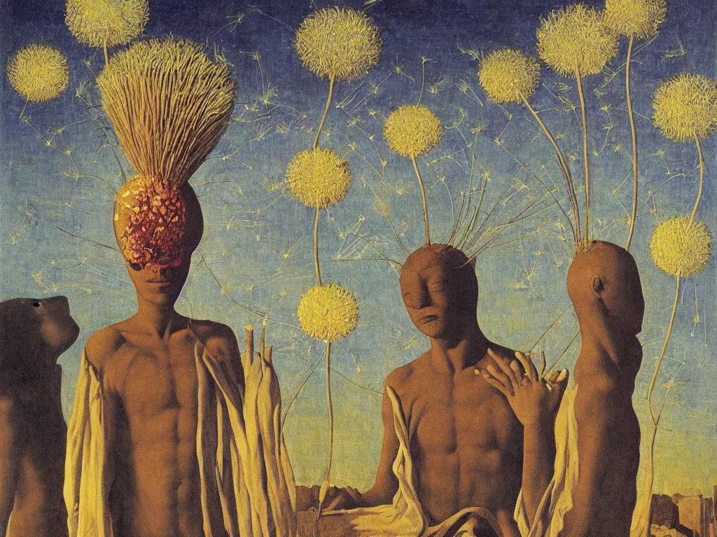 Image similar to African god mask fountainhead with glowing Dandelion seed storm. Painting by Rene Magritte, Piero della Francesca, Jean Delville, Max Ernst, Maria Sybilla Merian