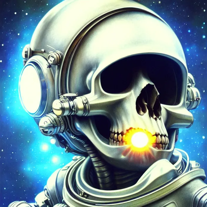 Image similar to ultra realistic retro futuristic astronaut skull helmet, deep space, lens flare, diffuse lighting, fantasy, intricate, elegant, highly detailed, lifelike, photorealistic, digital painting, artstation, illustration, concept art, smooth, sharp focus, art by John Collier and Albert Aublet and Krenz Cushart and Artem Demura and Alphonse Mucha