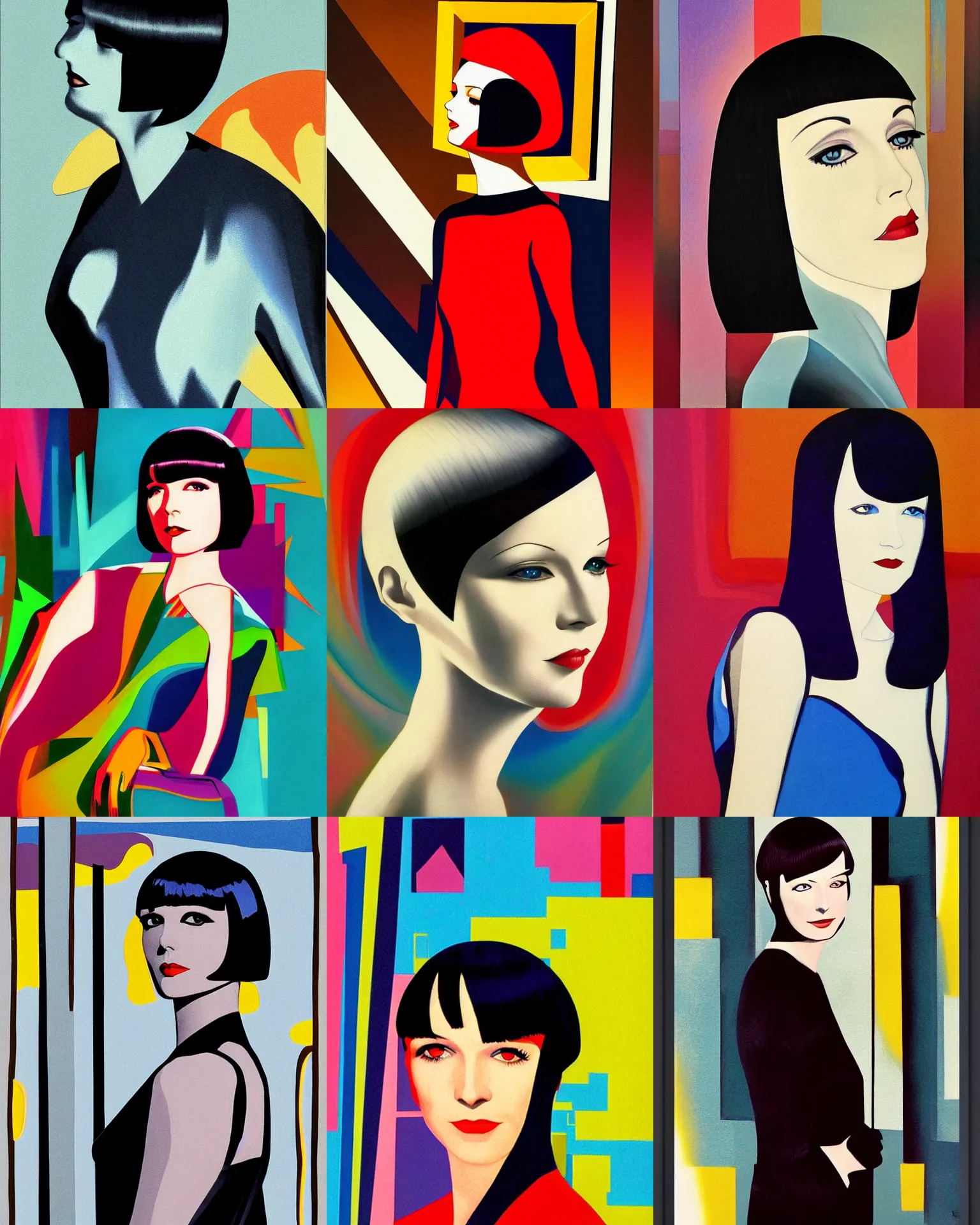 Prompt: full length portrait of mary louise brooks, shiny bob haircut, dramatic light, abstract art deco city background, sunset, 3 colour print, high contrast, sharp, painted by stanley lau,, painted by stanley artgerm,, painted by patrick nagel