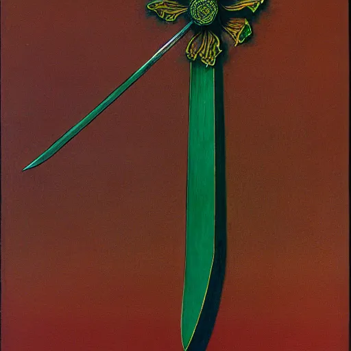 Image similar to diagram of a sword in the style of zdzisław beksinski, elegant, copper and emerald, flower petals