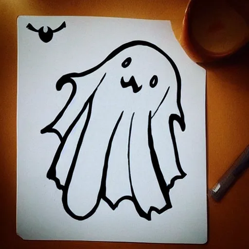 Prompt: “a cute Halloween ghost drawing, simple outlines, kawaii style, by Yurie Sekiya.”